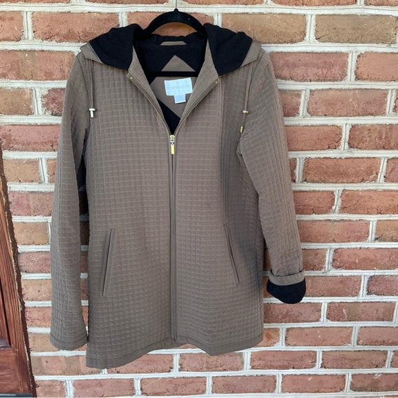 Worthington, black and tan quilted car coat zip up with hood size: small - Picture 1 of 14